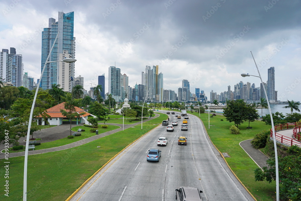 Highway in Panama City with skyscrapers and cloudy sky, Panama, Central America Highway in Panama City with skyscrapers and cloudy sky, Panama, Central America