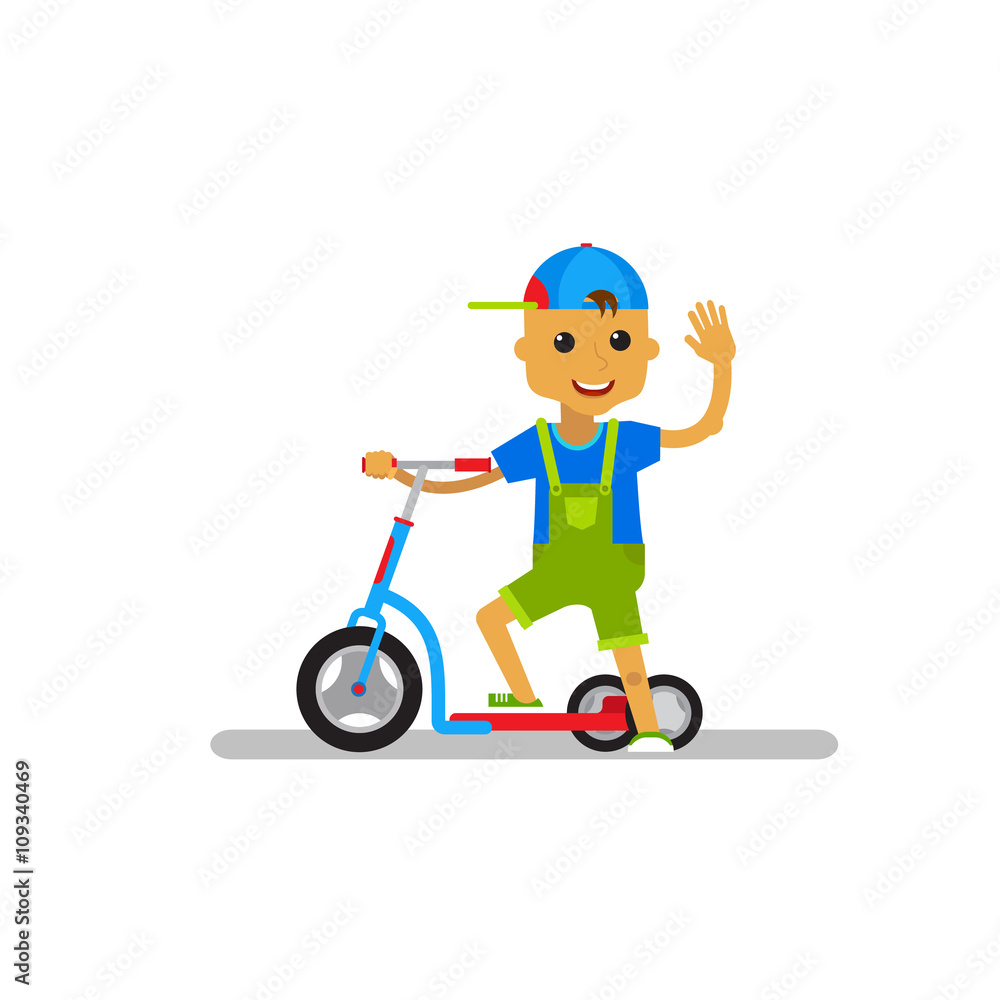 Vector illustration kid scooter on white background. Happy cartoon boy with scooter on isolated. Vector illustration kid scooter on white background. Happy cartoon boy with scooter on isolated.