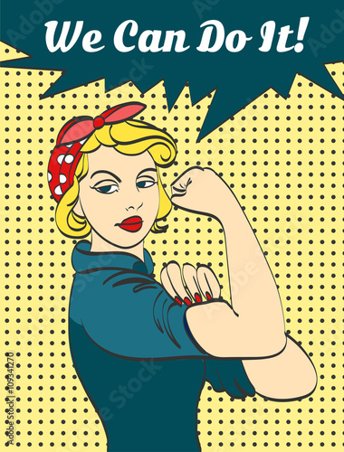 We Can Do It. Iconic woman's fist symbol of female power and industry. cartoon woman with can do attitude