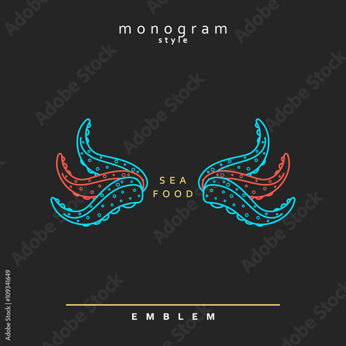 Sea food. Octopus marine theme . Abstract Elegant octopus design template. Linear style. Seafood restaurant vintage outline icon. Emblem Sea monogram style.