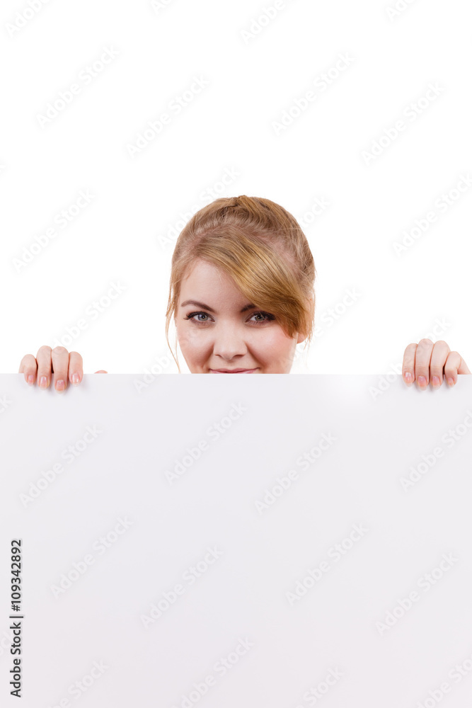Woman with blank presentation board banner sign Woman with blank presentation board banner sign