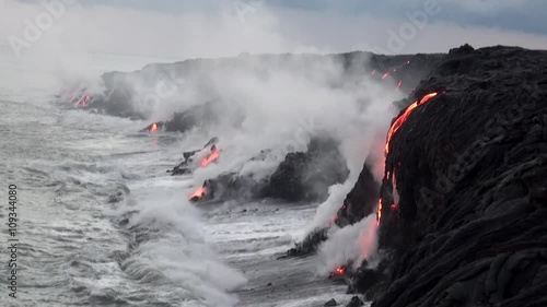 Hawaiian lava flow entering the ocean