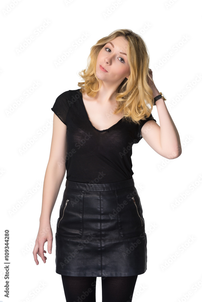 Cute young blond girl, plays with hair, isolated on white Cute young blond girl, plays with hair, isolated on white