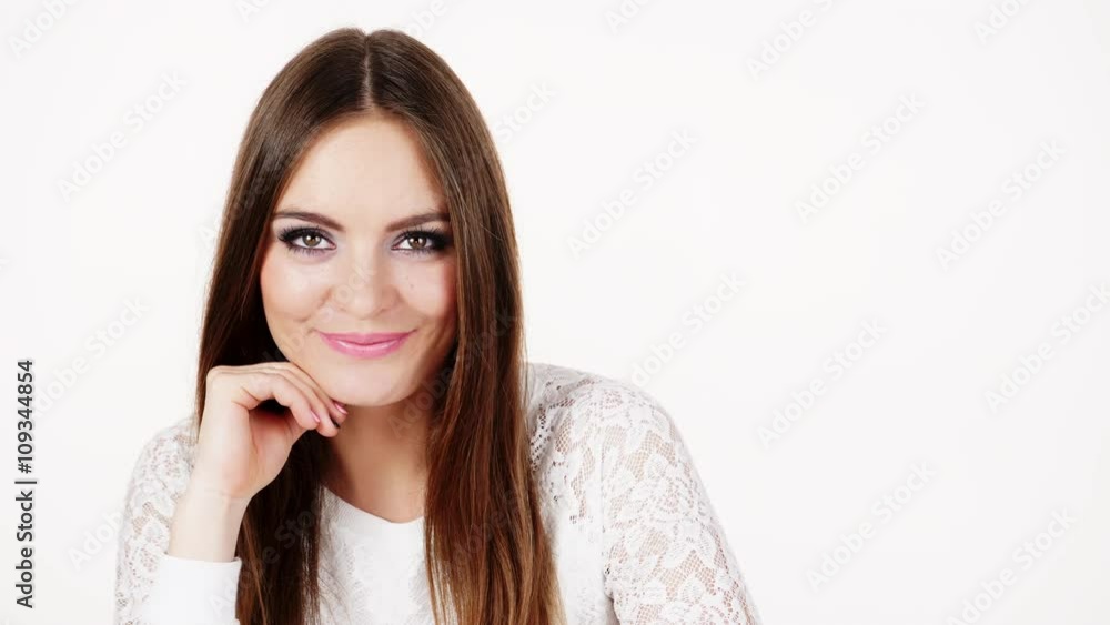 Woman charming girl long hair face makeup looking at camera 4K Woman charming girl long hair face makeup looking at camera 4K