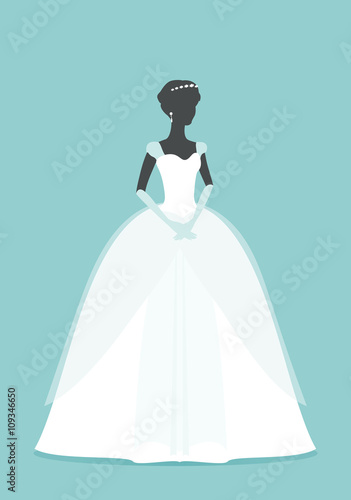 Beautiful Bride. Princess silhouette with shadow. Female White wedding dress on mannequin isolated on Green background. Vector