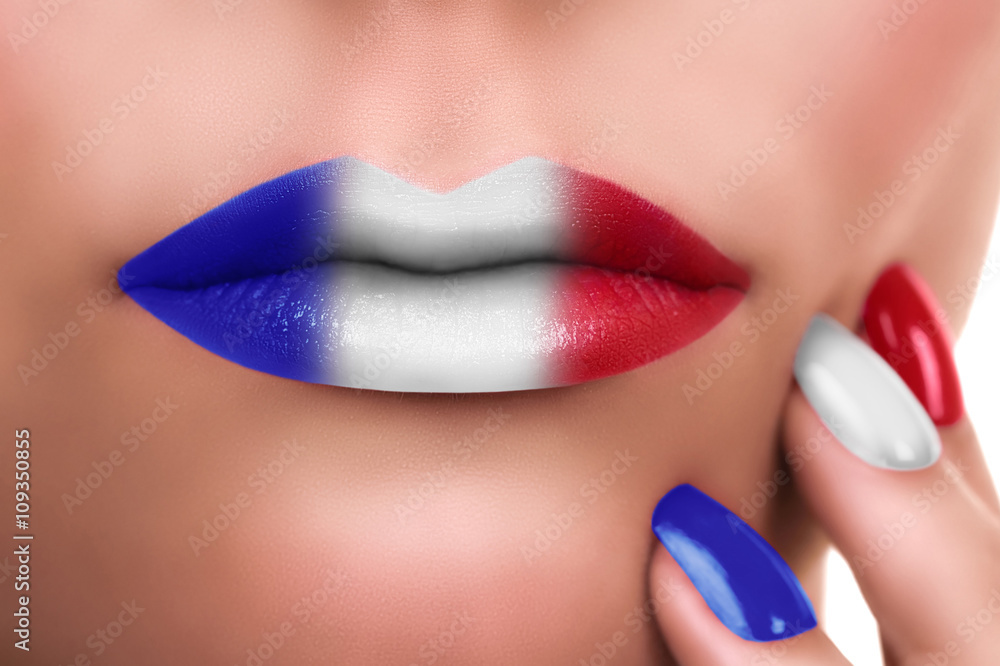 Obraz premium French kiss. Woman French Flag makeup and gel nail polish