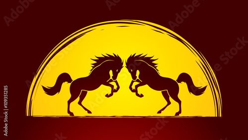 Twin horses designed on moonlight background graphic vector.