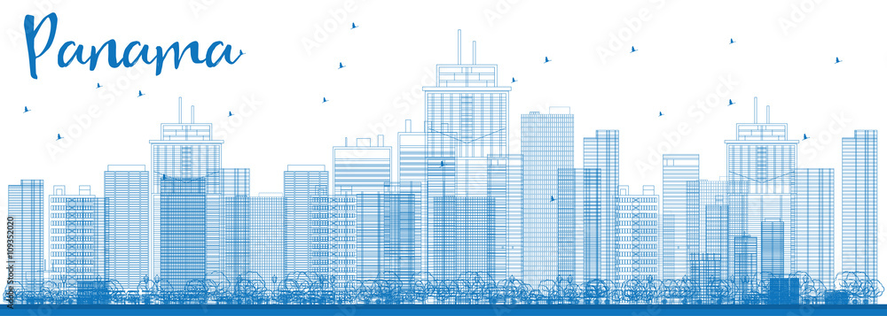Outline Panama City skyline with blue skyscrapers.