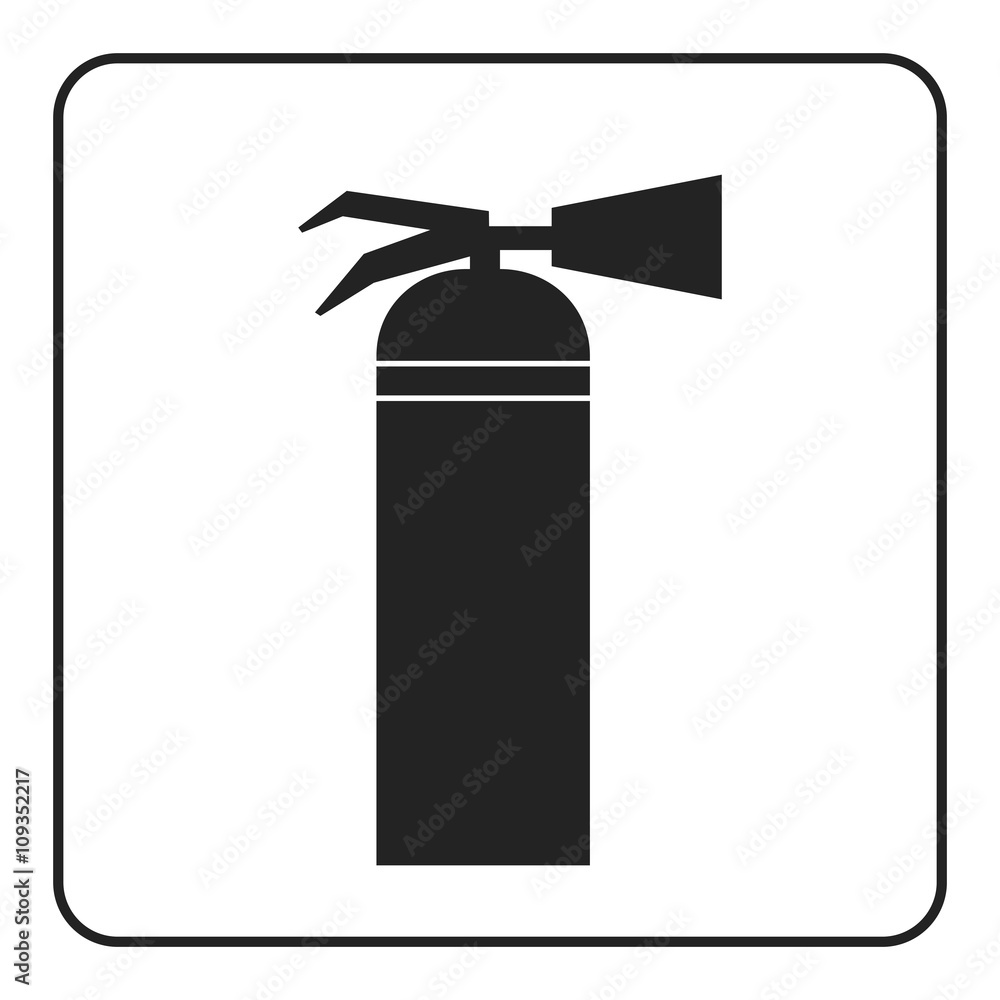Fire extinguisher icon with flame. Extinguishing sign. Symbol of safety, security, protection and emergency, danger, alert, firefighting. Black element isolated on white background Vector illustration Fire extinguisher icon with flame. Extinguishing sign. Symbol of safety, security, protection and emergency, danger, alert, firefighting. Black element isolated on white background Vector illustration