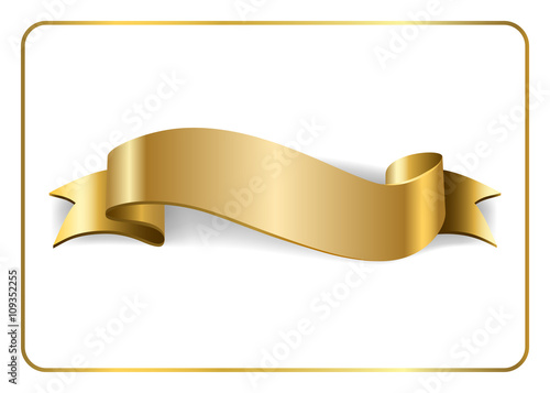 Gold satin empty ribbon. Golden blank banner. Design decoration element, isolated on white background. Vintage retro style. Template flag, greeting, card. Symbol guarantee product. Vector illustration