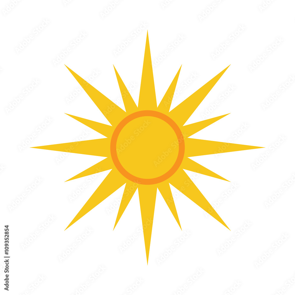 Sun icon. Light sign with sunbeams. Yellow design element, isolated on white background. Symbol of sunrise, heat, sunny and sunset, sunlight. Flat modern style for weather forecast Vector Illustration Sun icon. Light sign with sunbeams. Yellow design element, isolated on white background. Symbol of sunrise, heat, sunny and sunset, sunlight. Flat modern style for weather forecast Vector Illustration