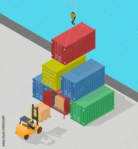 Unloading of sea cargo containers by a forklift.