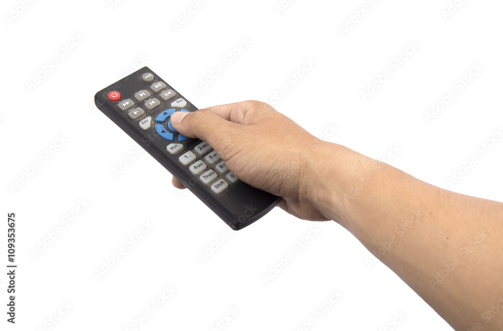 Hand with remote control pointing forward isolated at white Hand with remote control pointing forward isolated at white