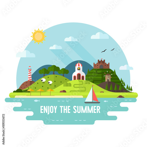 Summer Adventure Flat Design Island Landscape