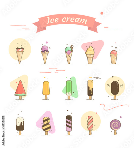 Set of cartoon cakes in different colors. Cherry, apple, strawberry and vanilla ice cream for the cover, web, phone.