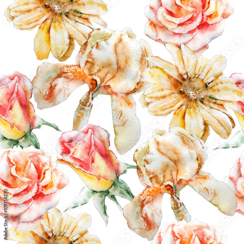 Fototapeta Naklejka Na Ścianę i Meble -   Seamless pattern with flowers. Rose.  Iris. Watercolor.