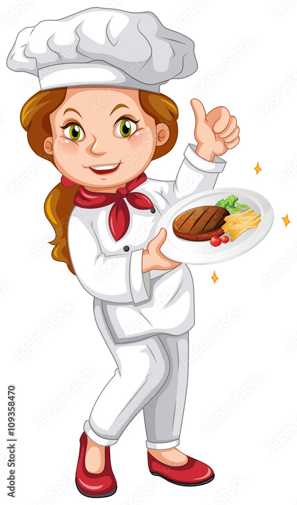 Female chef holding signature dish Female chef holding signature dish