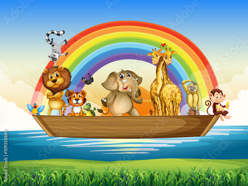 Wild animals riding on rowboat