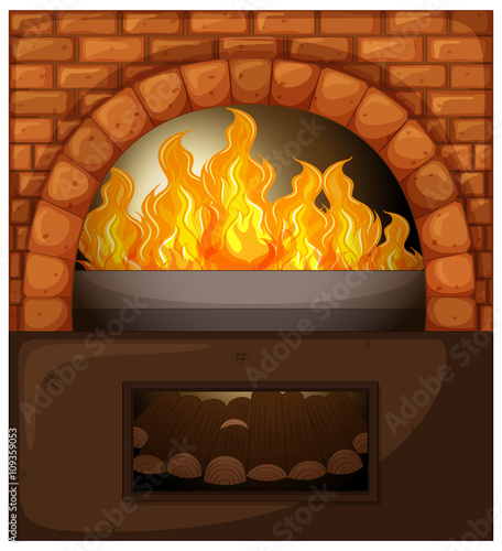 Fireplace with fire and woods