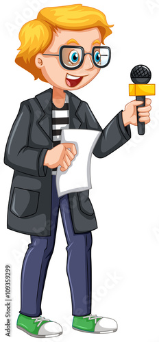 News reporter holding script and microphone