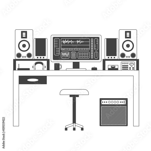 Musician workspace vector thin line illustration.