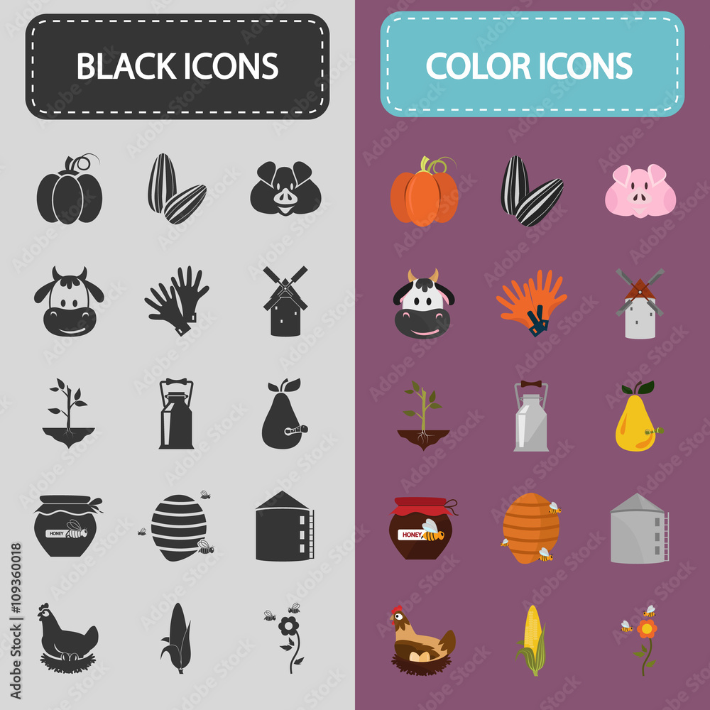 Set of color and black agriculture icons
