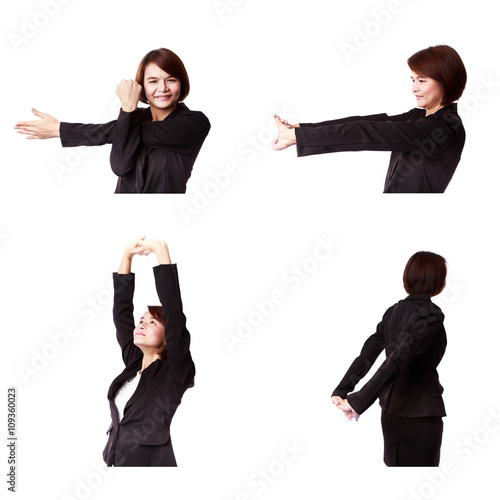 Businesswoman stretching exercise isolated on white background.Office syndrome concept.