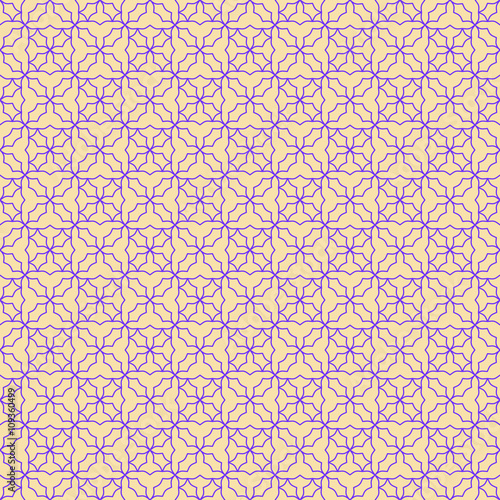 Seamless Islamic geometric pattern. Blue violet lattice on pale yellow background. 