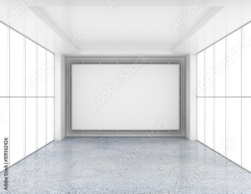 Empty room with white billboard and glossy concrete floor