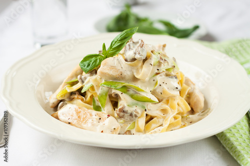 Fototapeta Creamy pasta with chicken and leeks