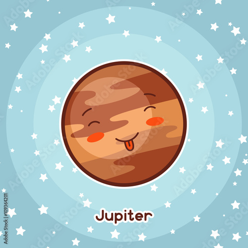 Kawaii space card. Doodle with pretty facial expression. Illustration of cartoon jupiter in starry sky