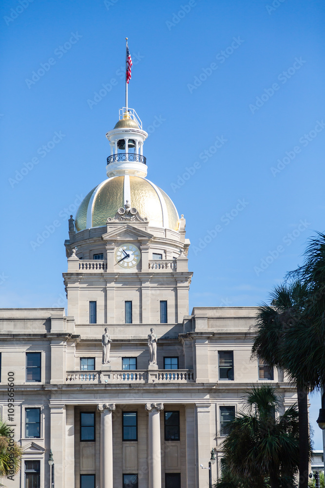 Clock and Gold Dome on Savannah City Hall
