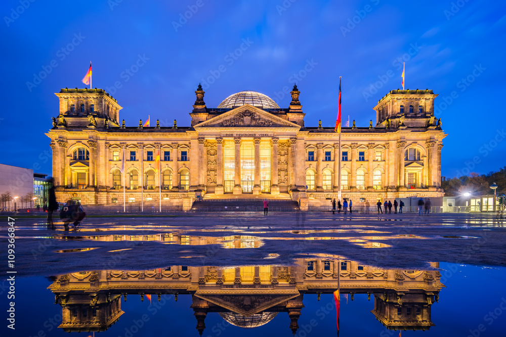 The Reichstag building at night in Berlin, Germany