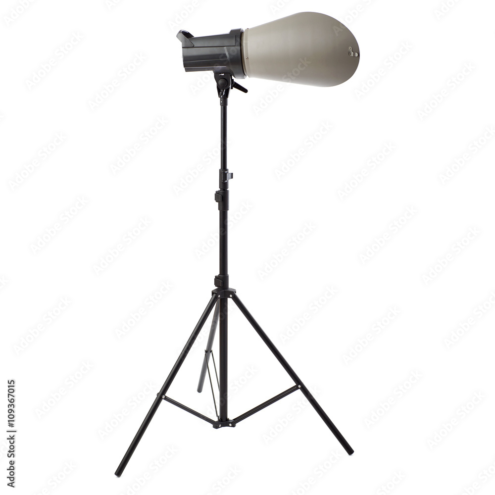 Studio flash on a stand over isolated white background