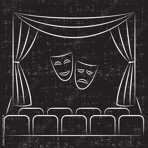 Theater stage with curtain, seats, comedy and tragedy theater masks, sketch style illustration. Theater stage vector line icon. Theater stage logo template.