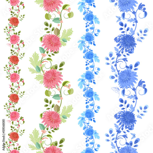 Collection isolated of seamless borders with lovely chrysanthemu