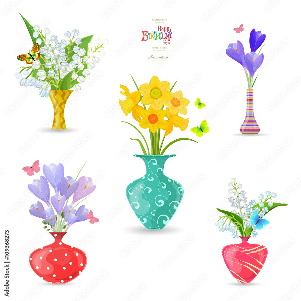 Fototapeta collection of vases with fine spring flowers for your design. bo