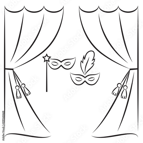 Theater curtain and masks vector line illustration. Stage curtain sketch. Background with open theater curtains. Theater icon.