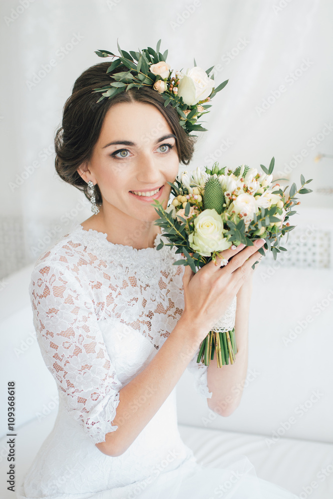 Beautiful happy young bride waiting for groom. Beautiful happy young bride waiting for groom.