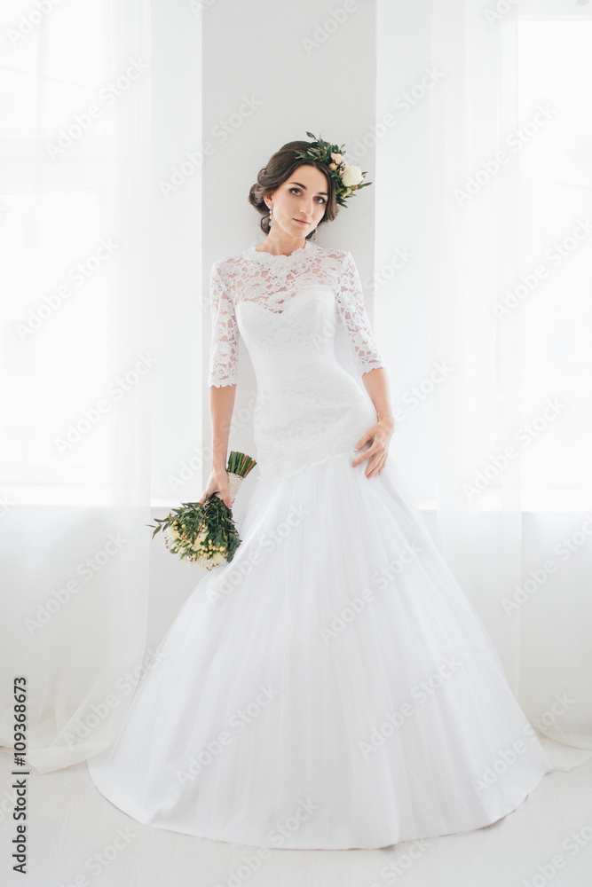 Beautiful happy young bride waiting for groom. Beautiful happy young bride waiting for groom.