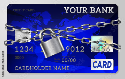 The gray metal chain and lock, handcuffed credit card, vector illustration