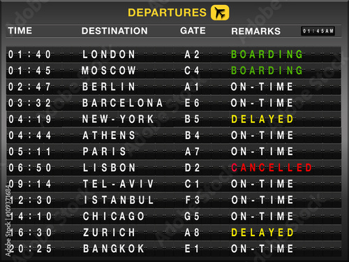 Airport split-flap board with departures flight list