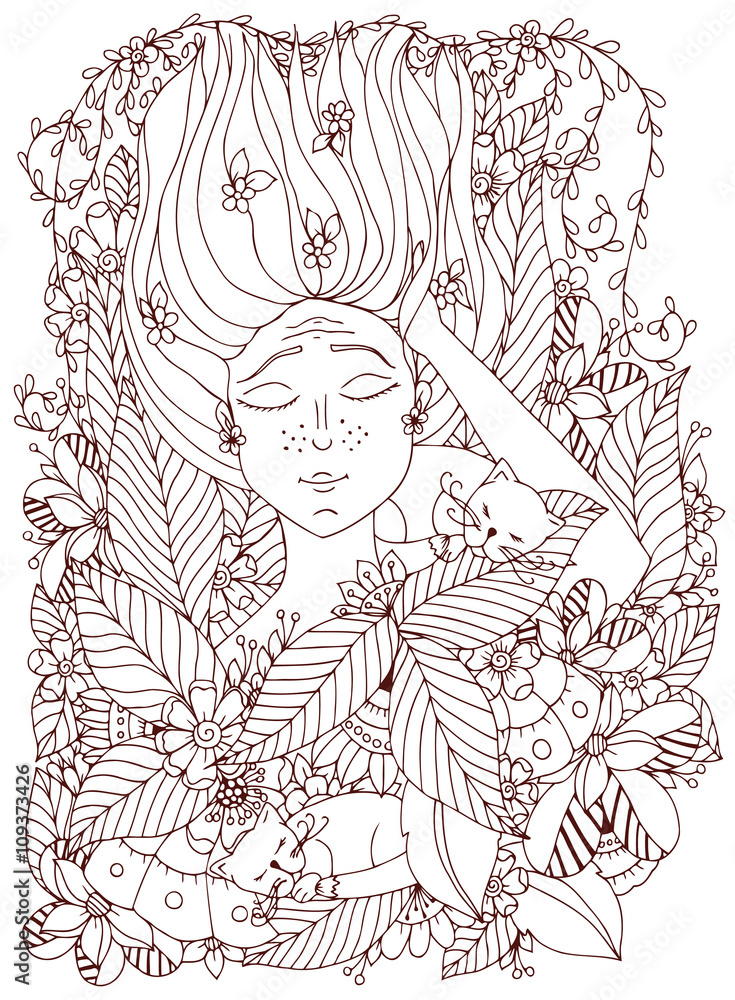 Vector illustration zentangl girl child with freckles is sleeping with cats in the flowers. Doodle drawing, bloom, forest, garden. Coloring book anti stress for adults. Brown  and white.