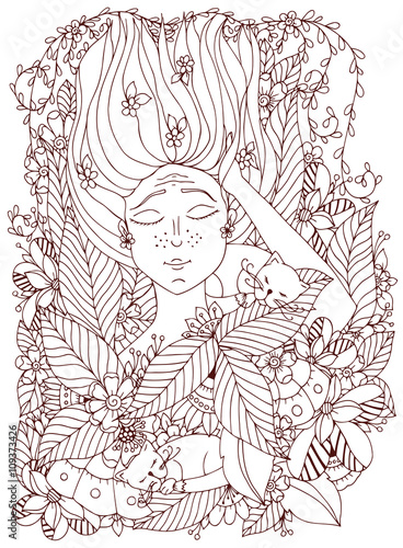 Vector illustration zentangl girl child with freckles is sleeping with cats in the flowers. Doodle drawing, bloom, forest, garden. Coloring book anti stress for adults. Brown and white. © tanvetka