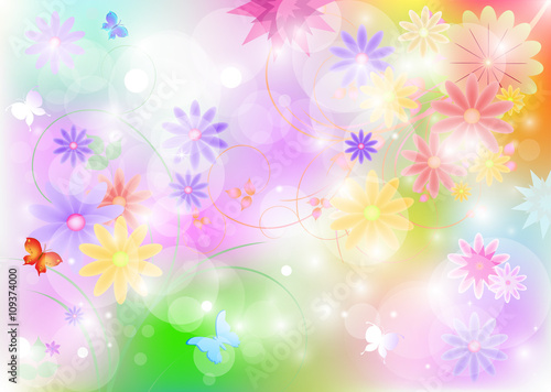Colorful abstract summer background with flowers and butterflies. Vector illustration