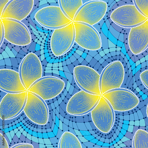 Vector seamless pattern with dotted flower of Plumeria or Frangipani in yellow and decorative lace on the blue background.  Floral background in dotwork style for summer design.