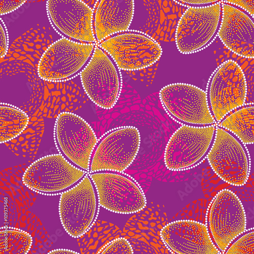 Vector seamless pattern with dotted flower of Plumeria or Frangipani in yellow on the violet background. National flower of Laos and Bali. Floral background in dotwork style for summer design.