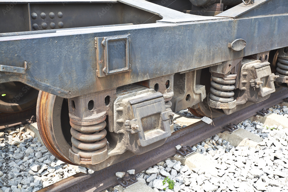 Outdoor exhibition of old trains chassis close-up Outdoor exhibition of old trains chassis close-up