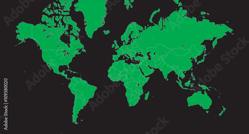 Planisphere vector - globe map, vector green on black background.