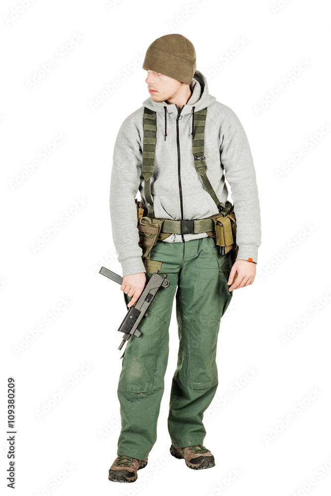 rebel or private military contractor holding black gun. war, arm rebel or private military contractor holding black gun. war, arm